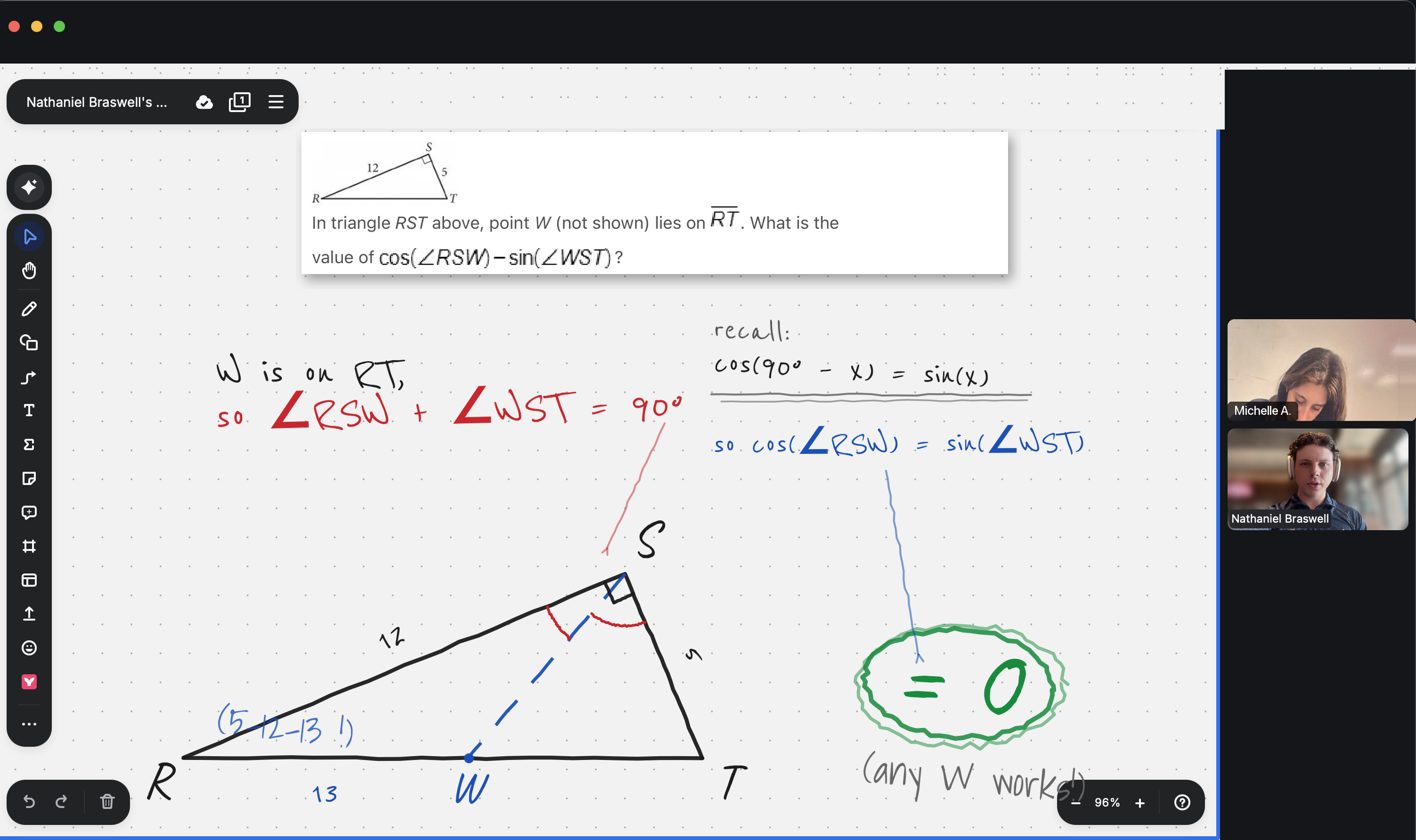 Live Zoom screen-share — Nathaniel working an SAT right-triangle problem by hand on iPad in FigJam, with the participant self-view visible in the right sidebar.