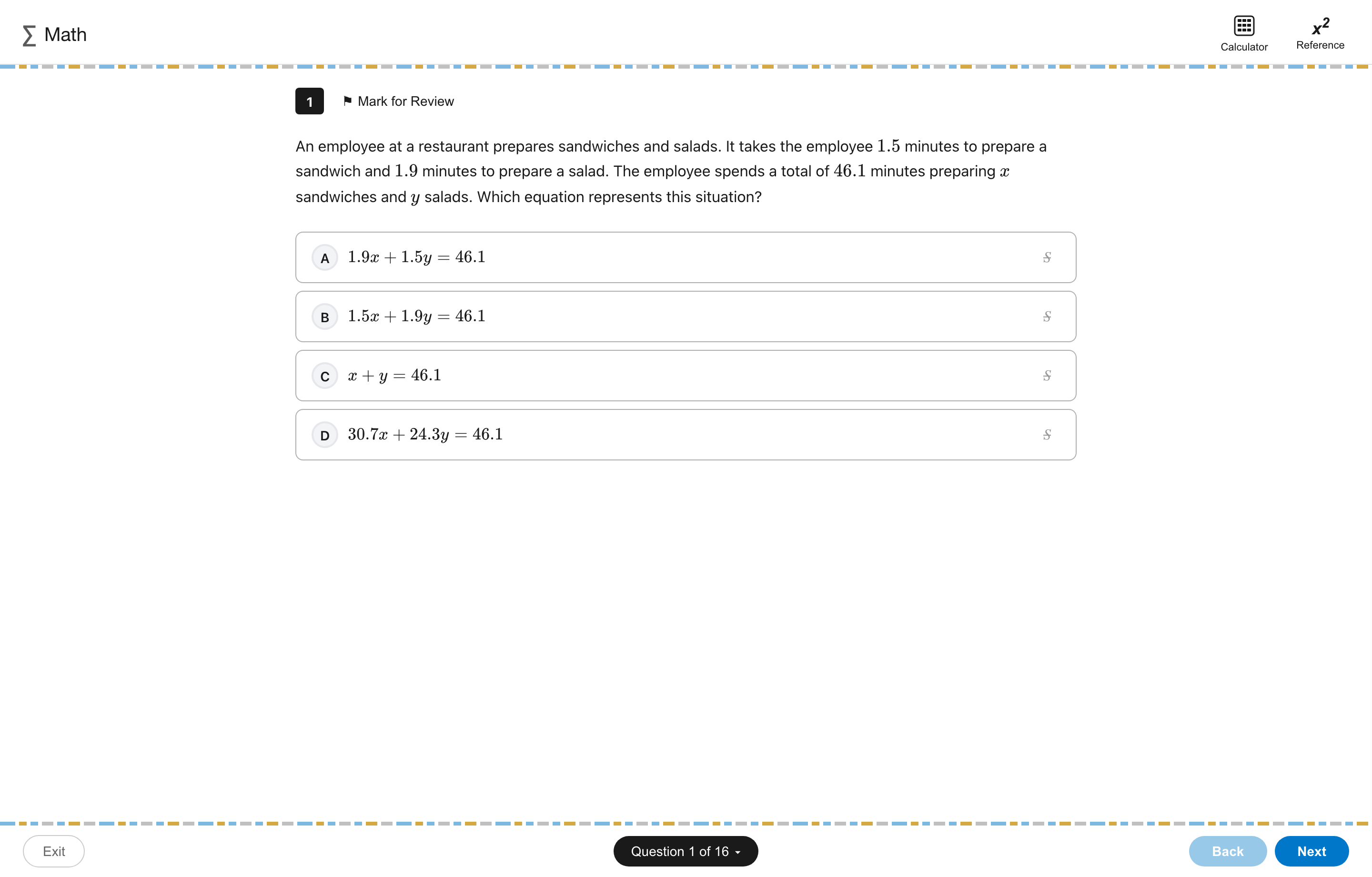 A SAT Lab practice problem in a focused testing interface — single question with four answer choices and keyboard-shortcut overlay.
